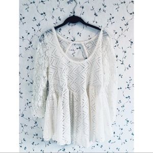 Free People Gracie White Lace Peplum Top Cut-Out Back 3/4 Sleeves